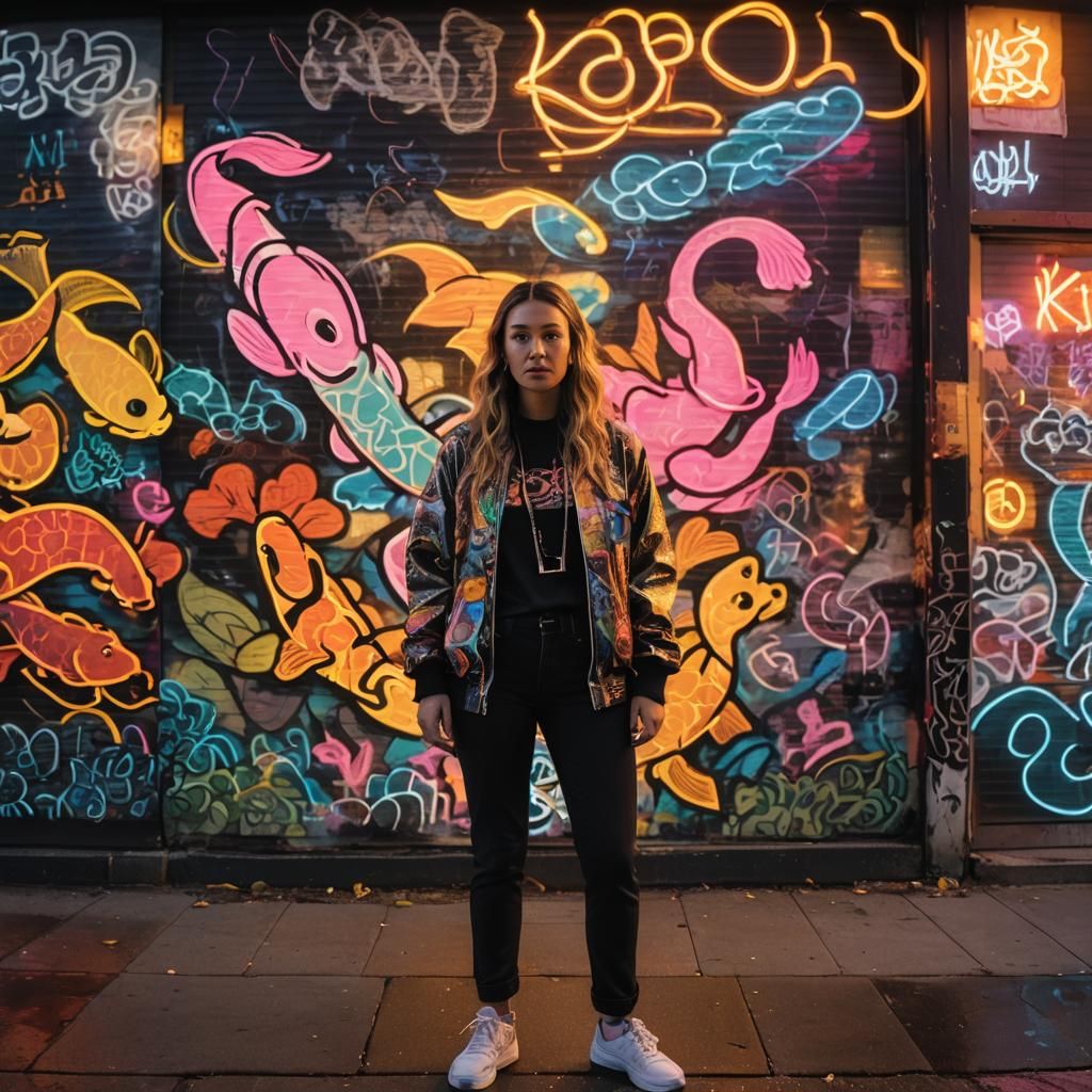 Neon Street Art: Woman at Mattix's Koi Store