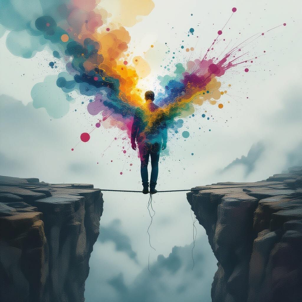 Abstract Impressionistic Balance of Man on Tightrope