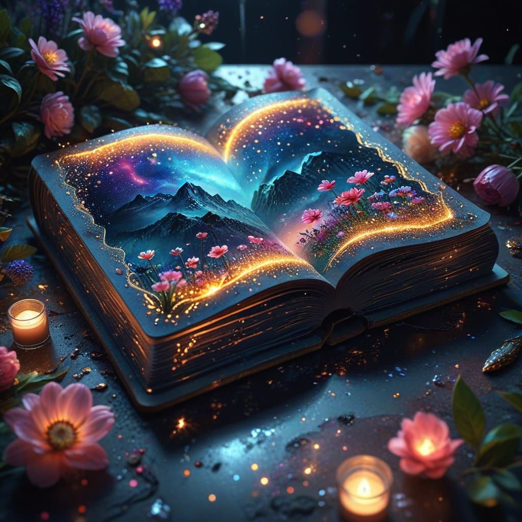 Glowing Structural Landscape on an Open Book, Adorned with S...