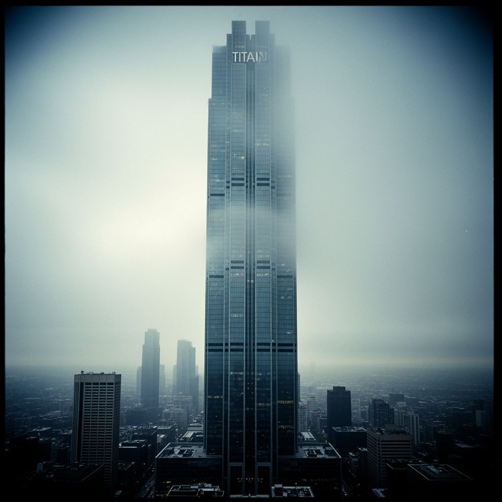 Glass Skyscraper Emerges from Fog: Cinematic Still