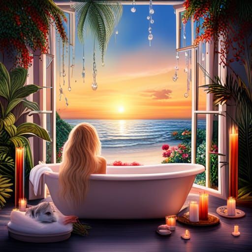 Woman's Sunset Bath: Detailed Matte Painting