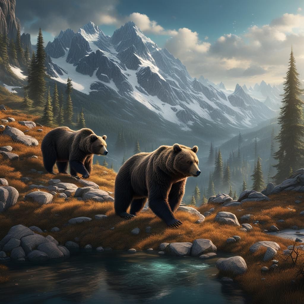 Bears Roaming Mountains: Detailed Matte Painting