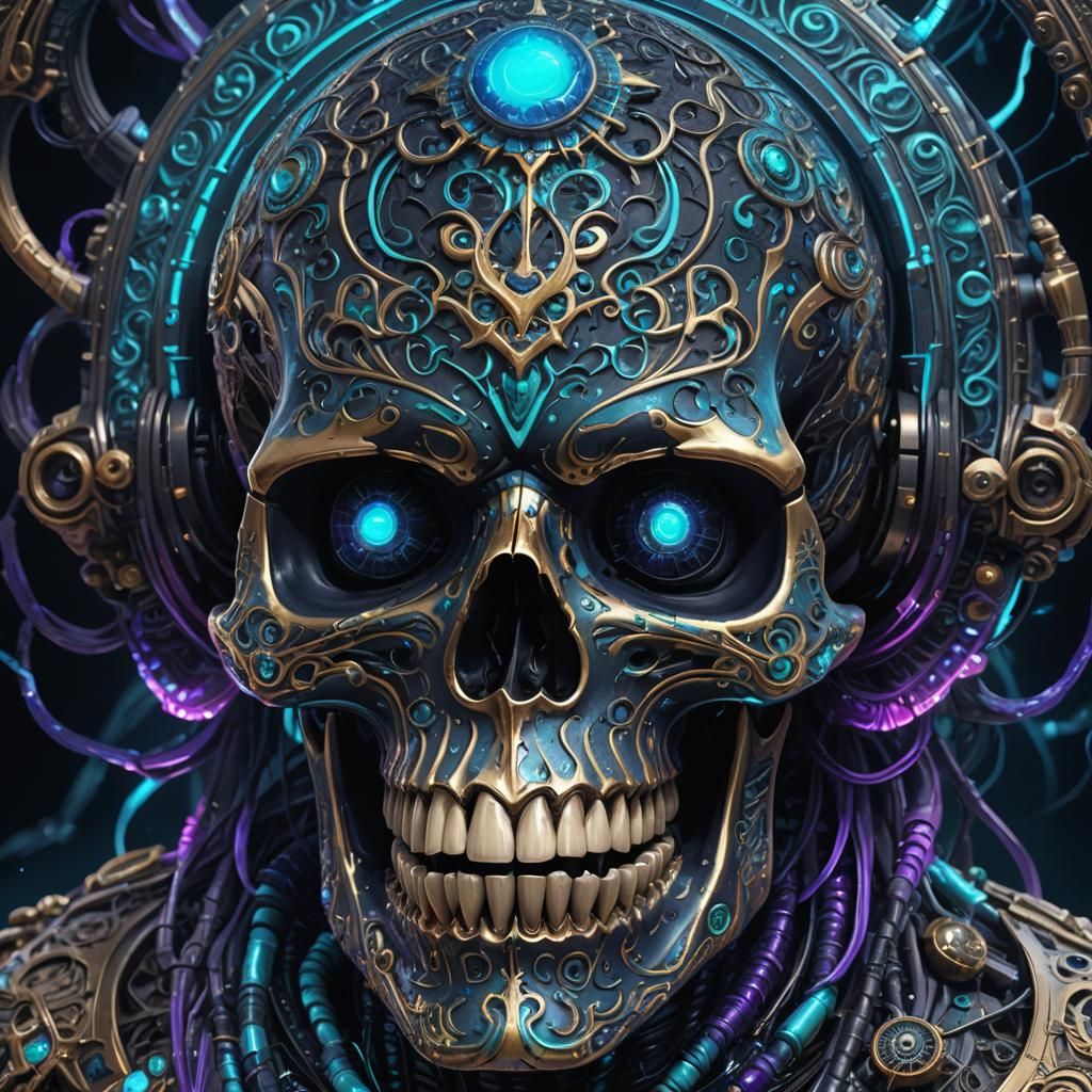 Ornate Black Skull with Electric Solar Storm Eyes