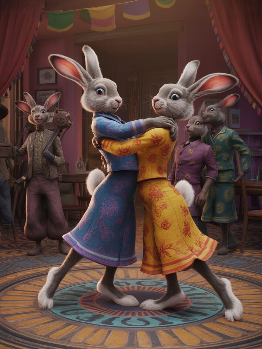 Rabbits in Gorgeous Outfits Dancing Tango in Guinea-Bissau
