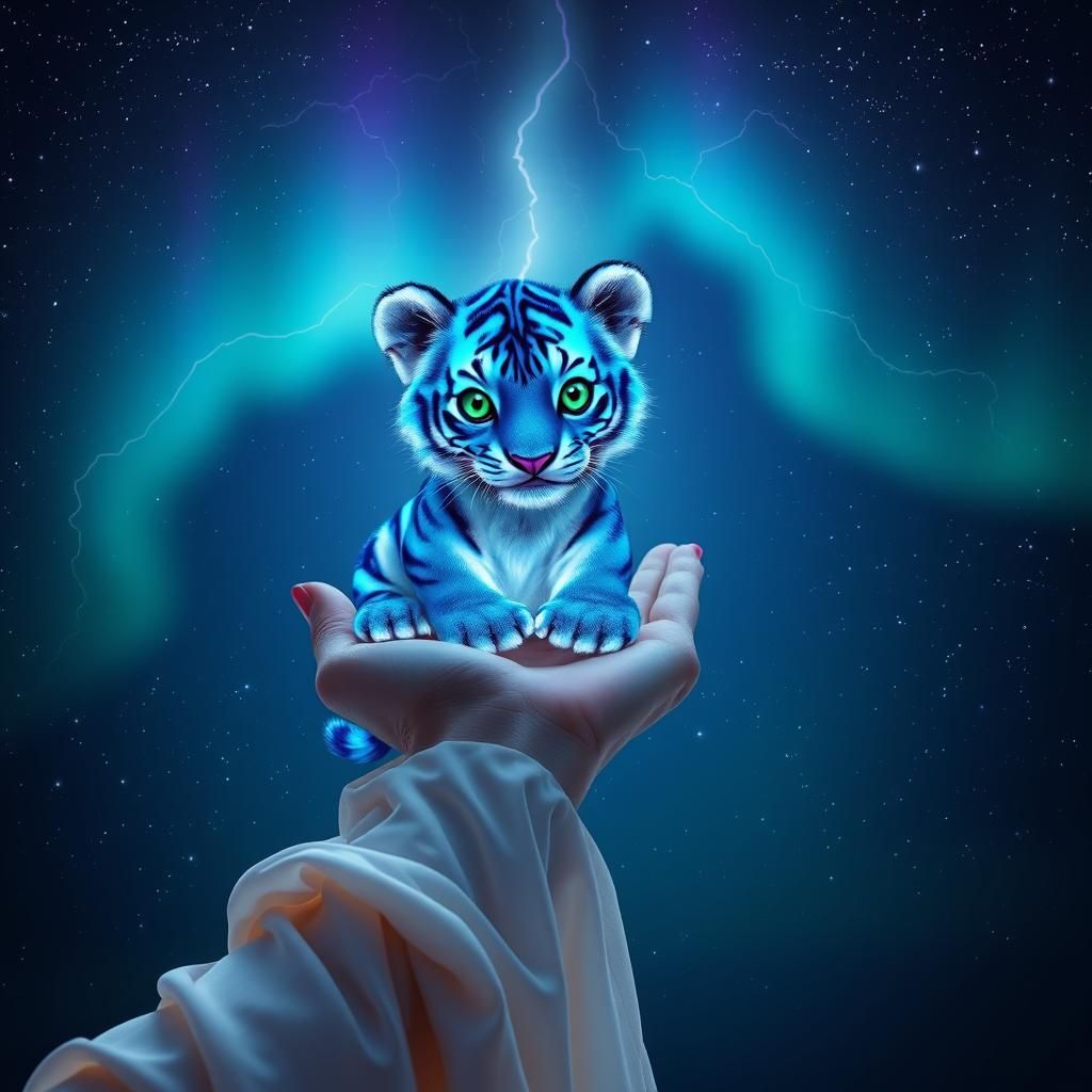 Glowing Tiger Cub in Starry Night Sky