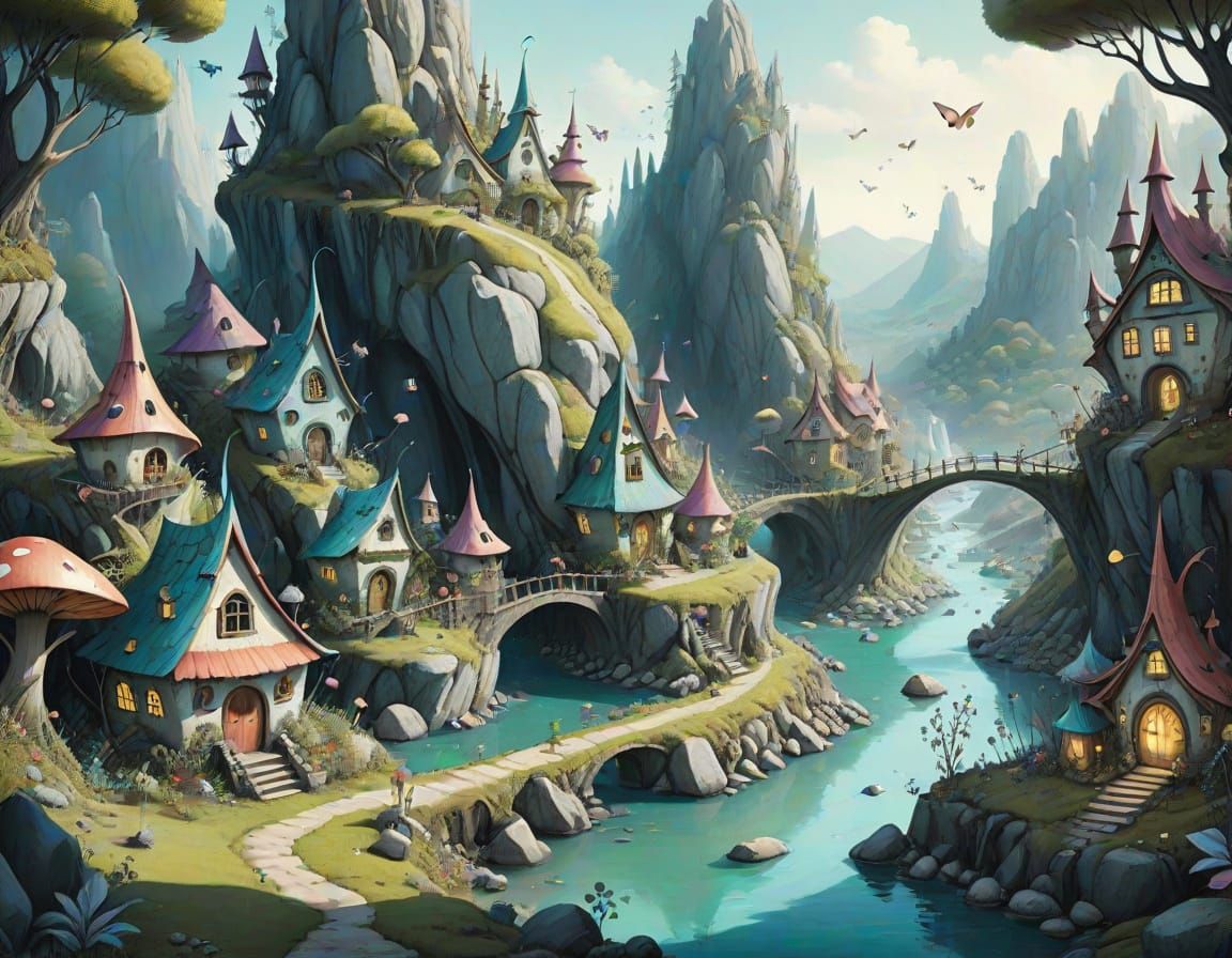 Whimsical Fairy Village in a Darkened River Valley