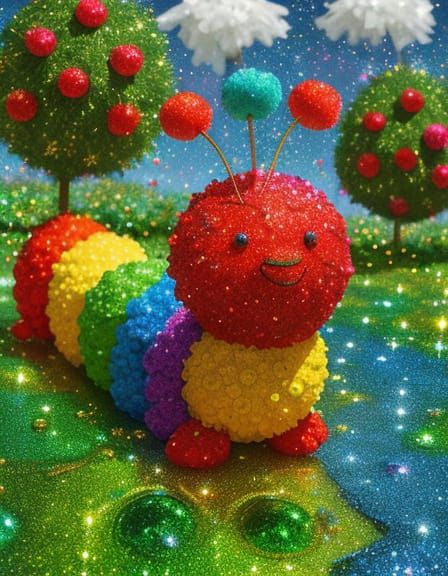 Rainbow Pom-Pom Caterpillar in Glitter Landscape