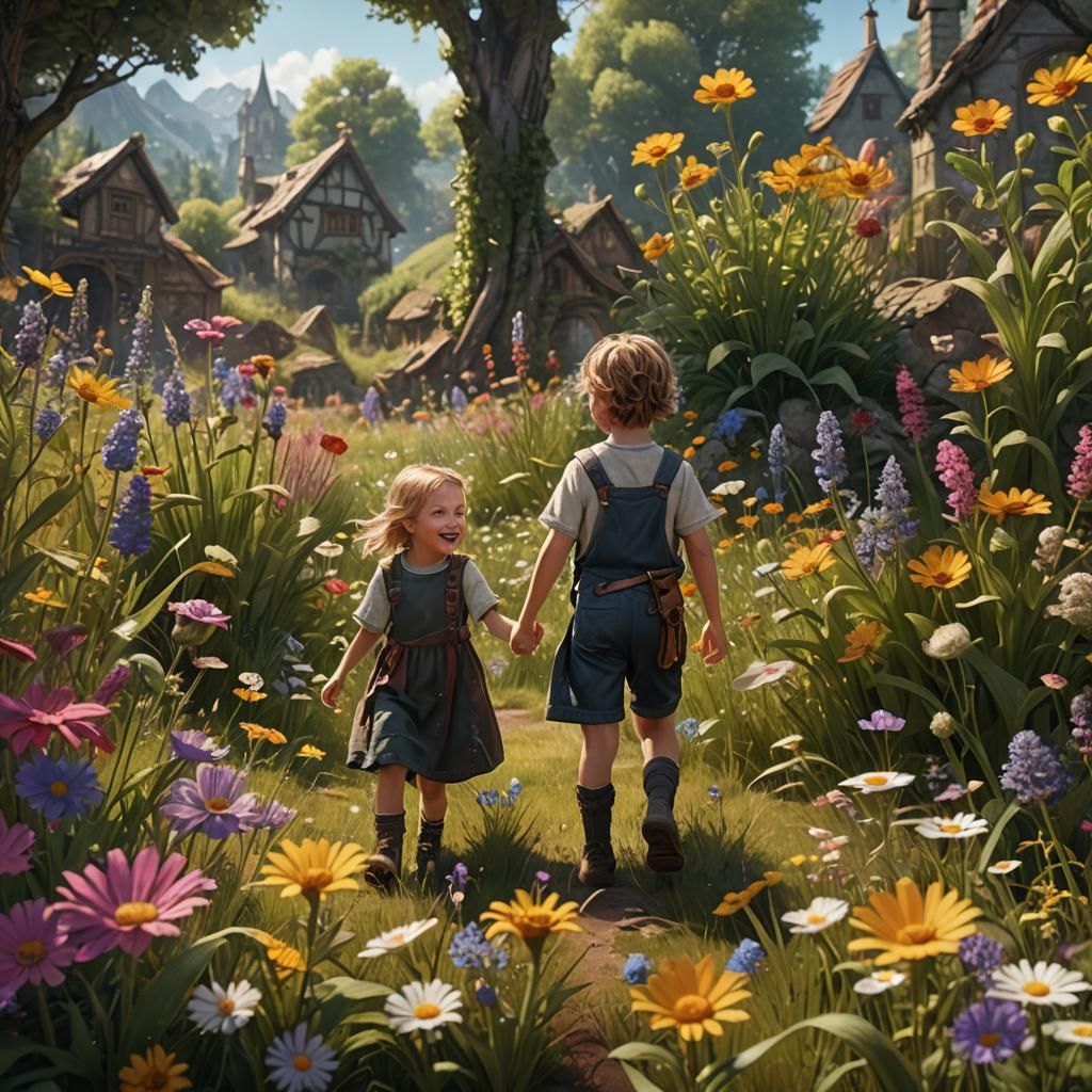 Children Play in Wildflowers: Detailed Matte Painting