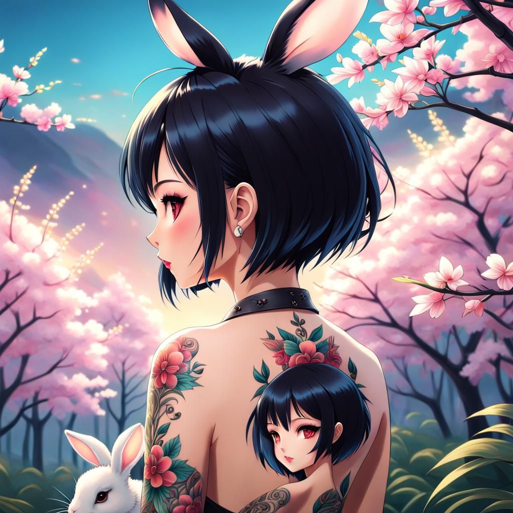 Anime Woman with Rabbit Tattoo Portrait