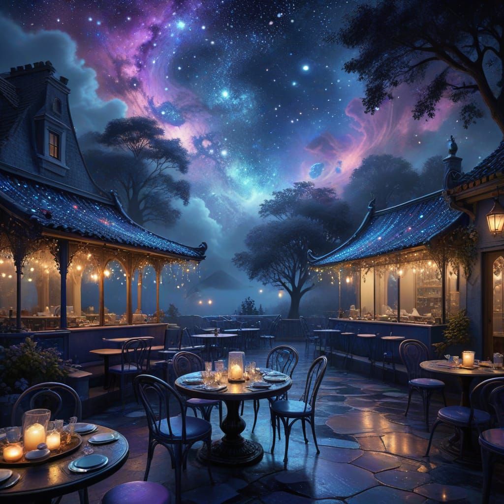 Enchanting Cafe on Floating Island Below Stars