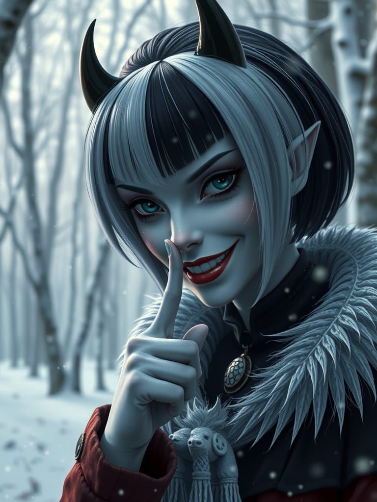 Hyperrealistic Cruella in Winter Forest