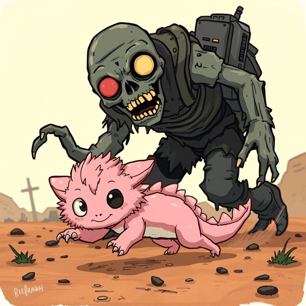 Whimsical Dragon Kitten Pounces on Zombie in Post-Apocalypti...