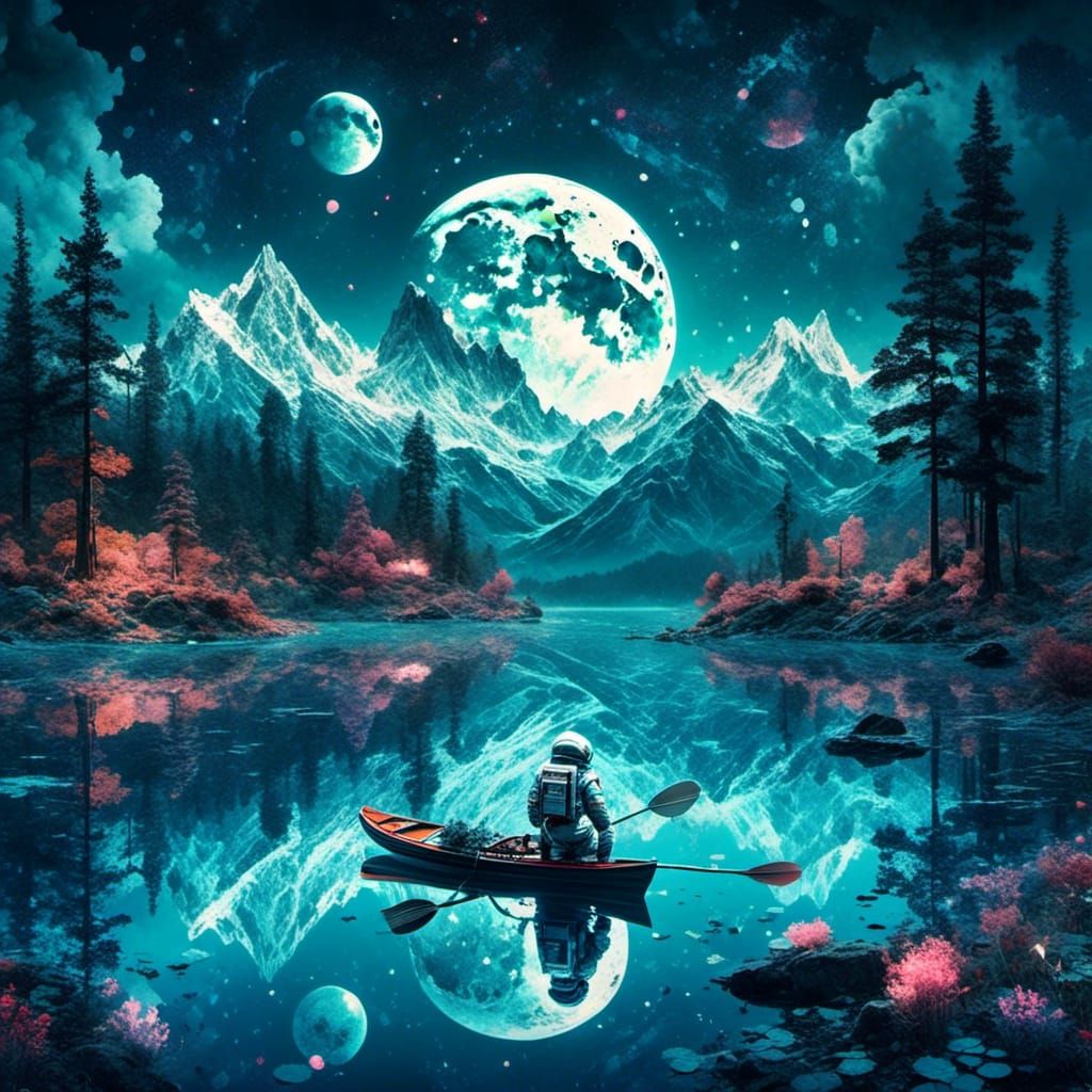 Astronaut in Lake Under Moonlit Sky