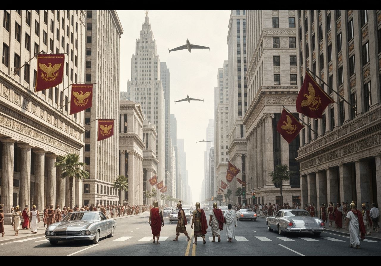 Art Deco Cityscape with Ancient Roman Elements