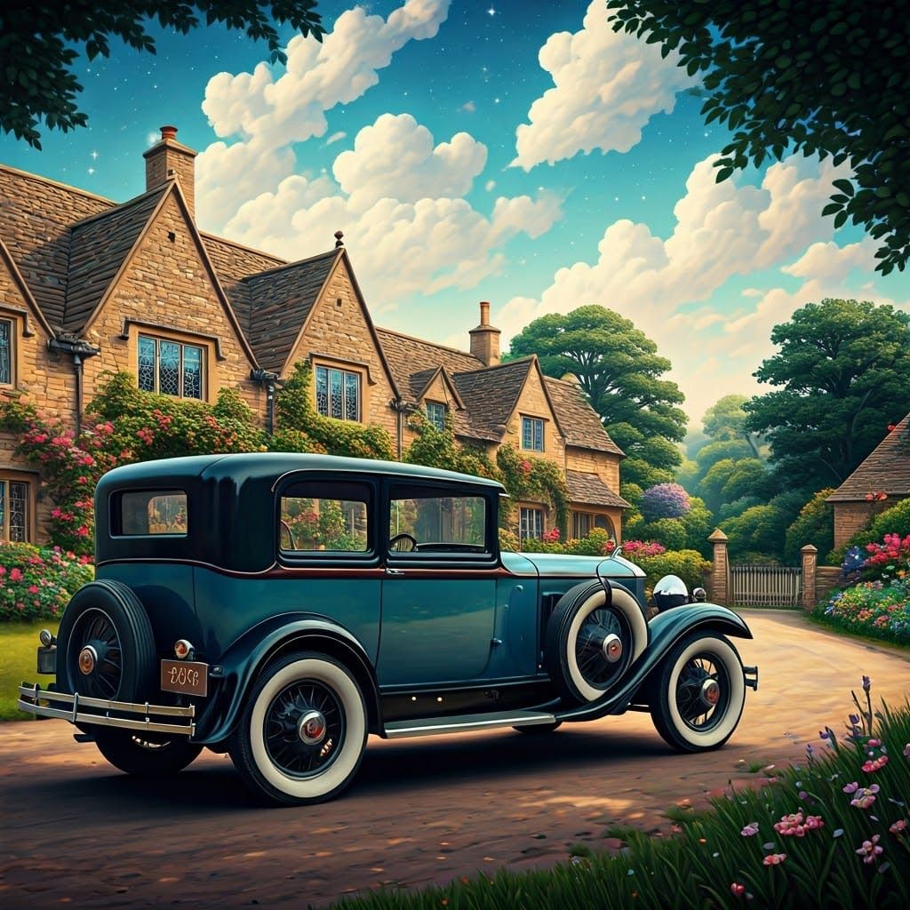 1928 Packard in Cotswolds Cottage Scene