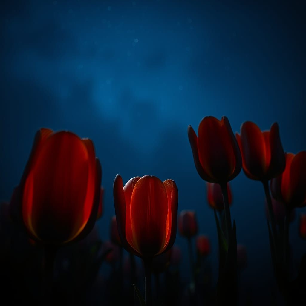 Tulips Under Starry Twilight in Charcoal Realism
