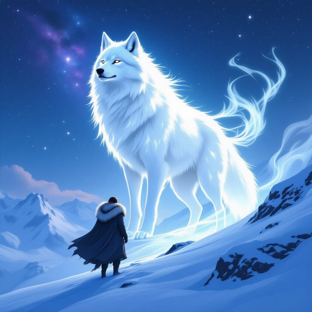 Luminous Wolf Spirit Protects Traveler on Snowy Ridge