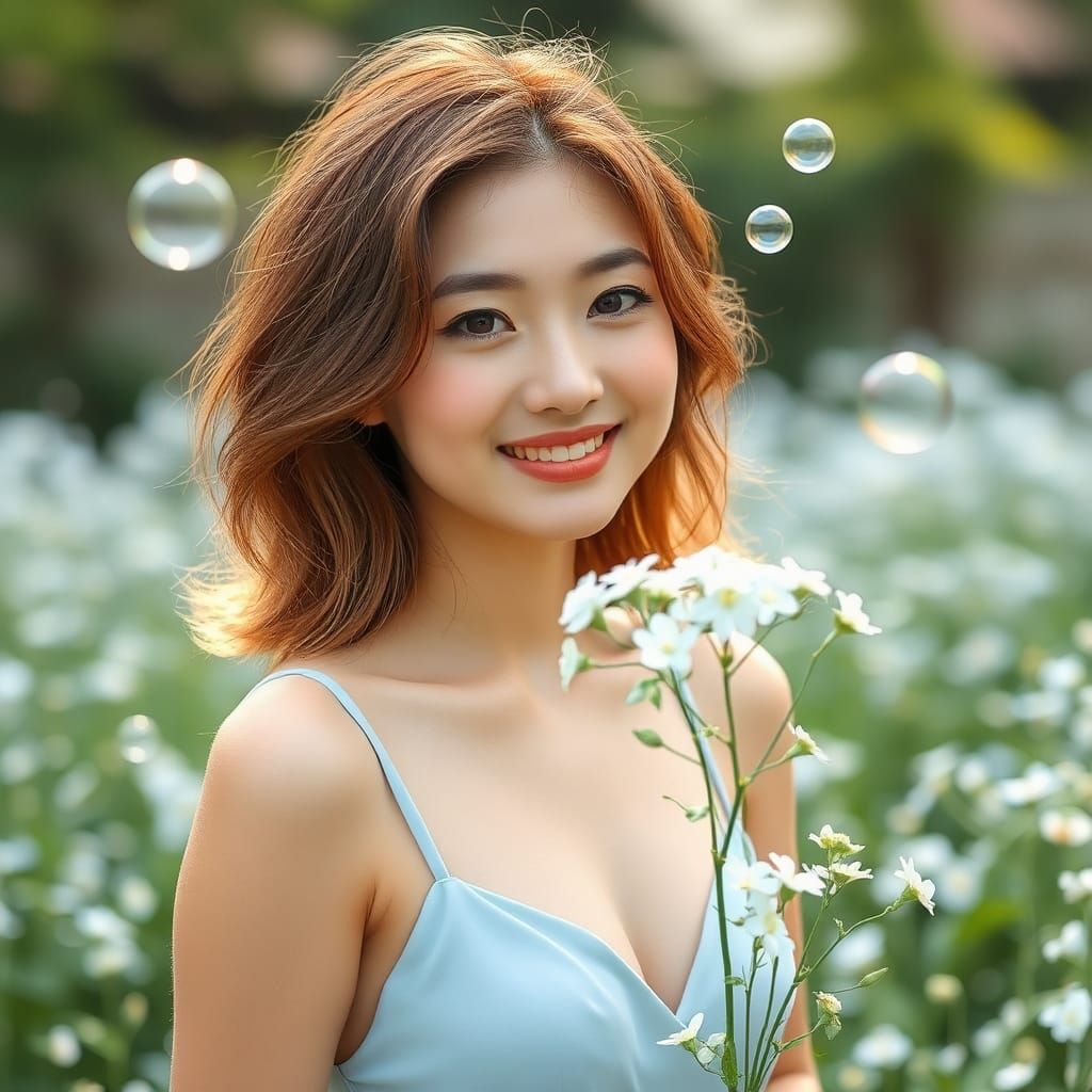 Korean Woman in Forget-Me-Not Garden Photograph