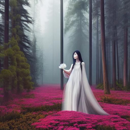 Woman Holding Narcotic Flower in Etching Style