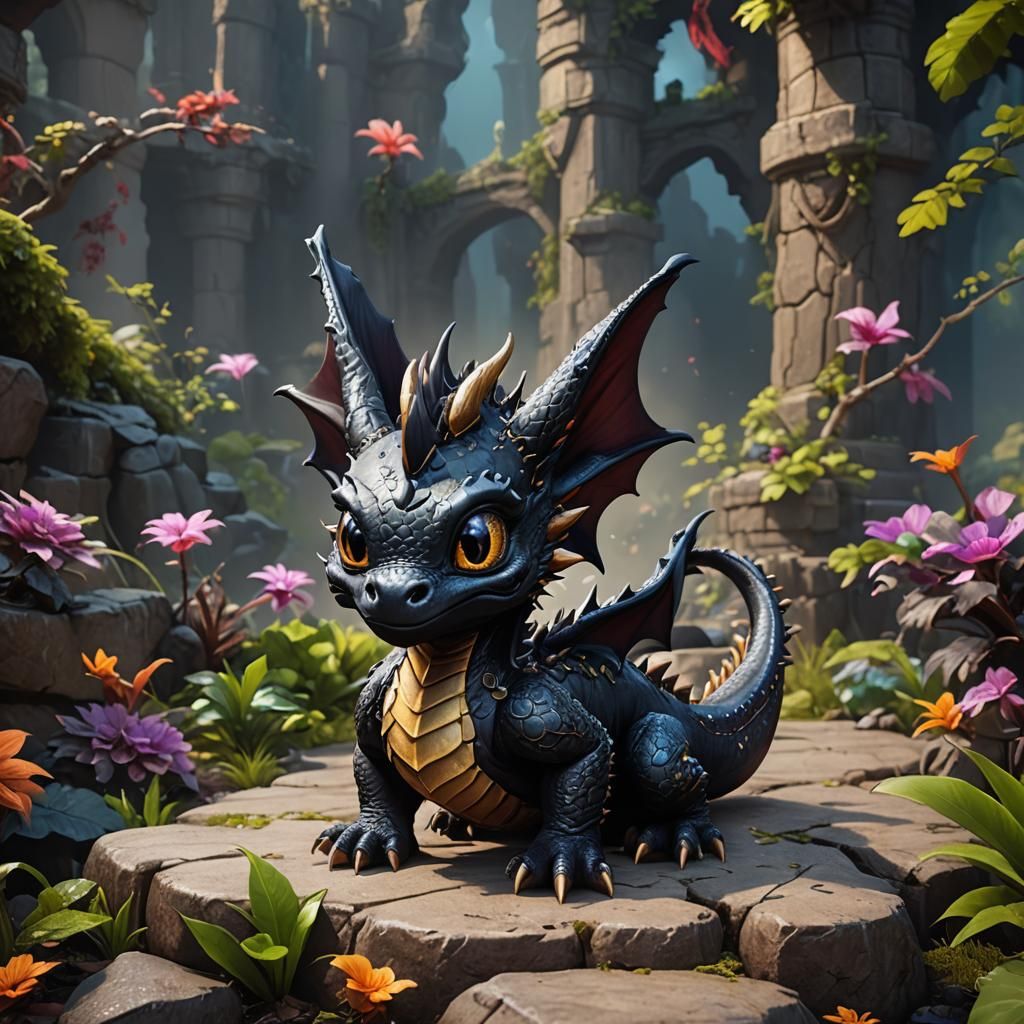 Cute Black Baby Dragon in Detailed Matte Painting