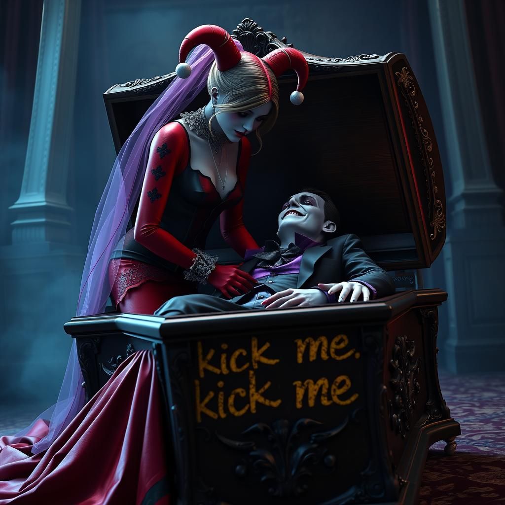 The funeral of the Joker, Joker laying in an open coffin with "kick me" written on it, Harley Quinn wearing a red and bl...