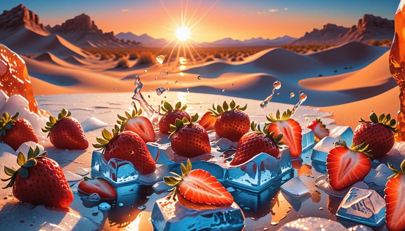 Desert Sunset with Crystal Strawberries in Fantasy Realism