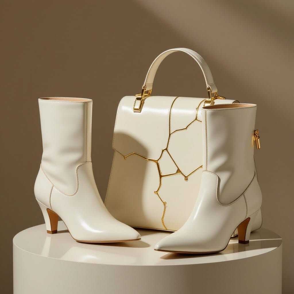 Elegant White Boots and Handbag with Golden Kintsugi Repair