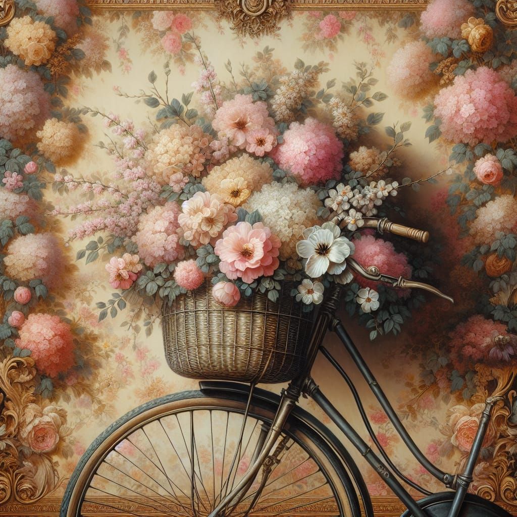 Romantic Oil Painting of Antique Bicycle with Floral Backdro...