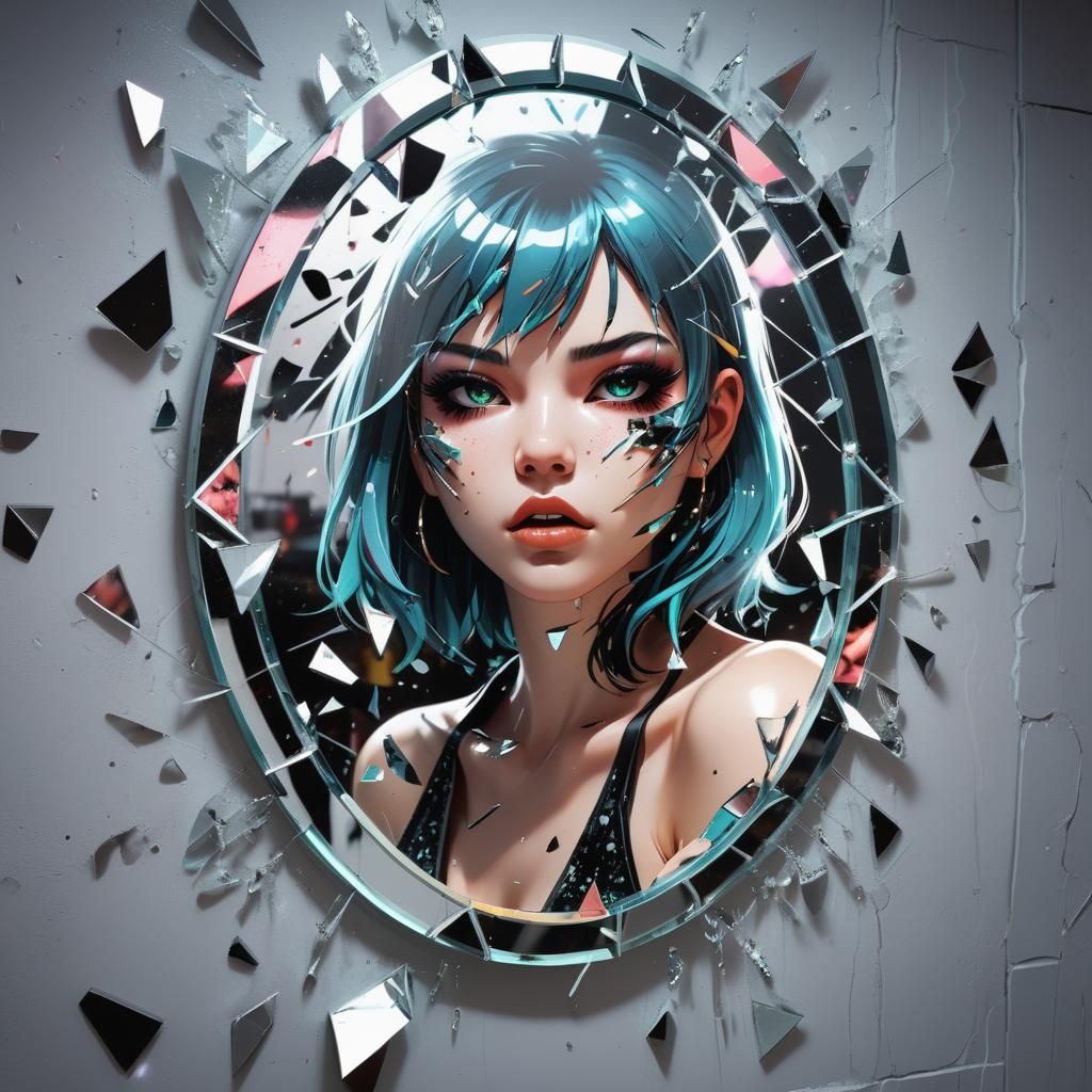 Neko-Girl Shatters Mirror in Neon Light