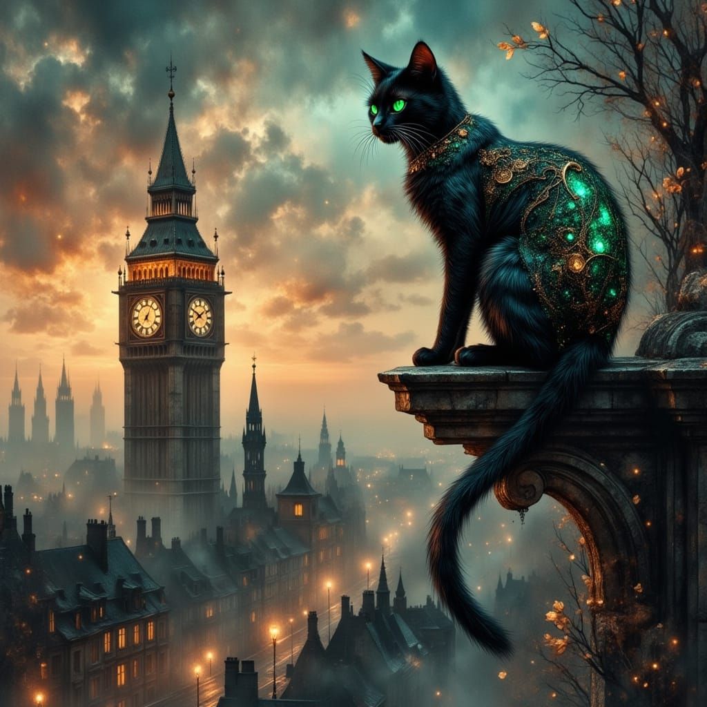 Clockwork Cat on Gargoyle at Twilight