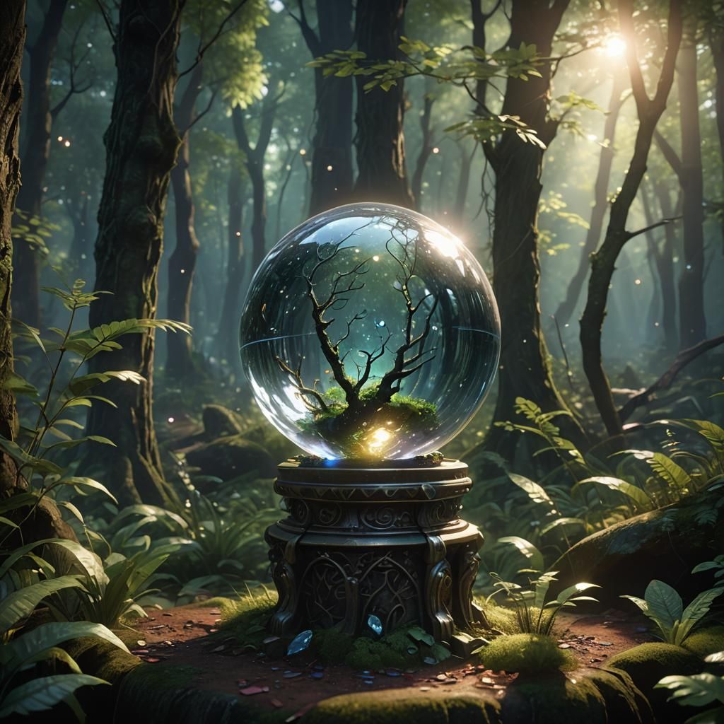 Glowing Crystal Ball in Mystical Forest, 3D Rendering