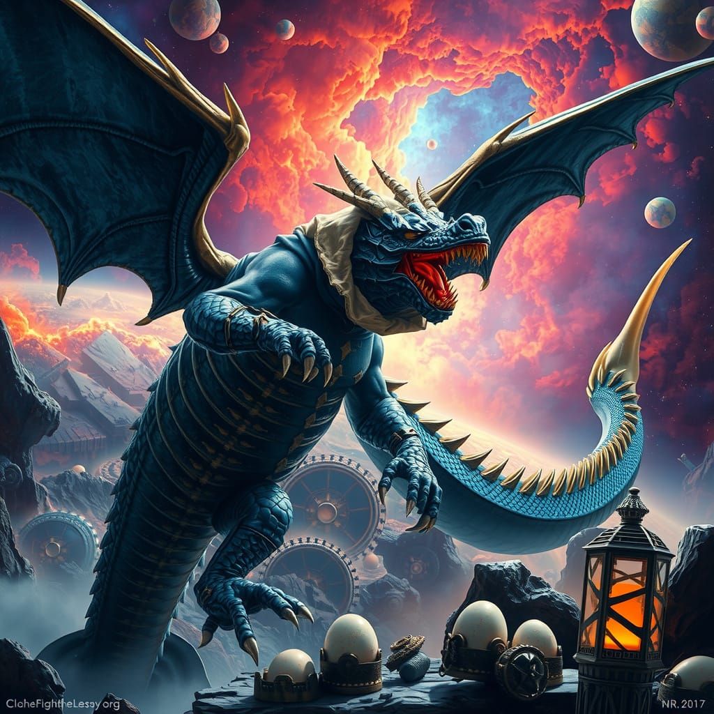 Biomechanical Dragon Soaring Through Iridescent Nebula