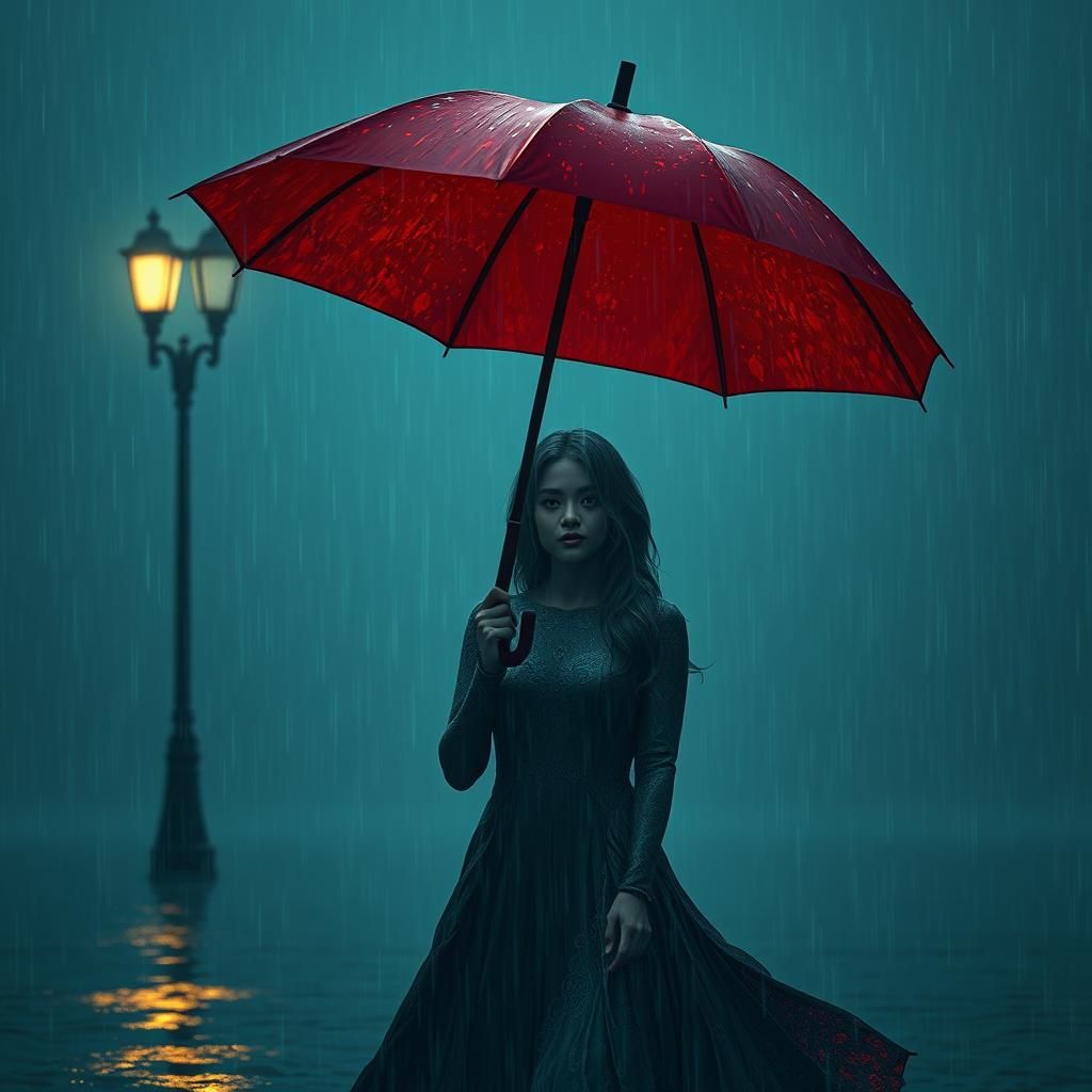 Melancholic Water Woman with Red Umbrella