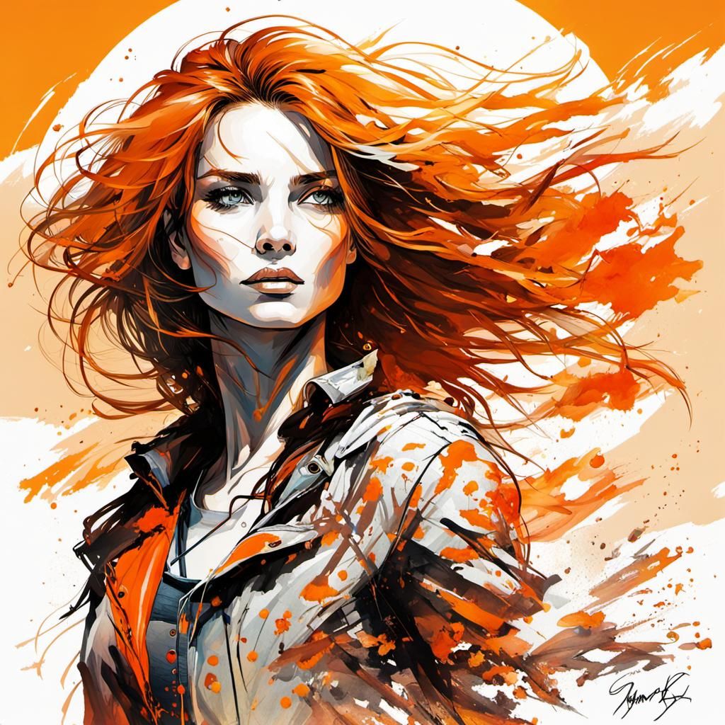 Orange Haired Woman Portrait with Sunset Background