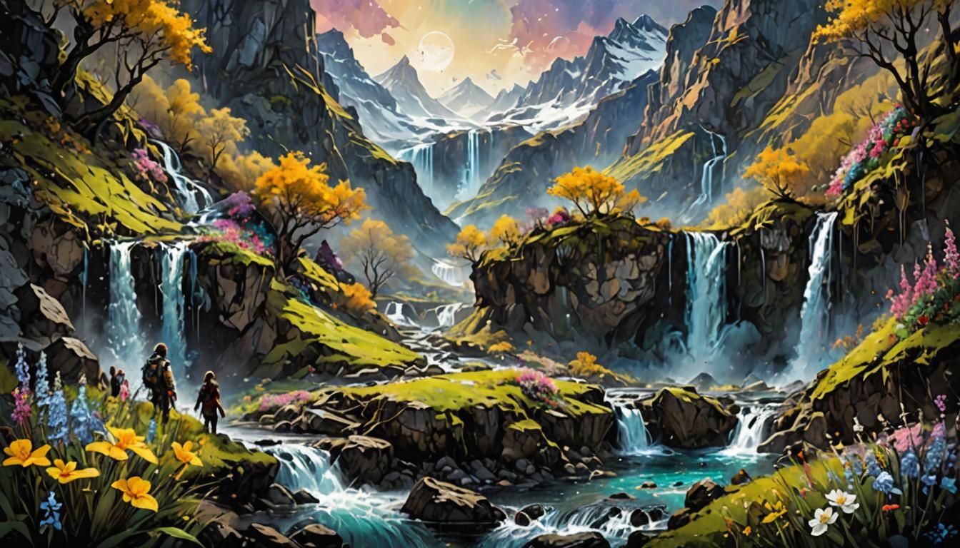 Luminescent Spring Mountain Dreamscape in Dark Fantasy Style