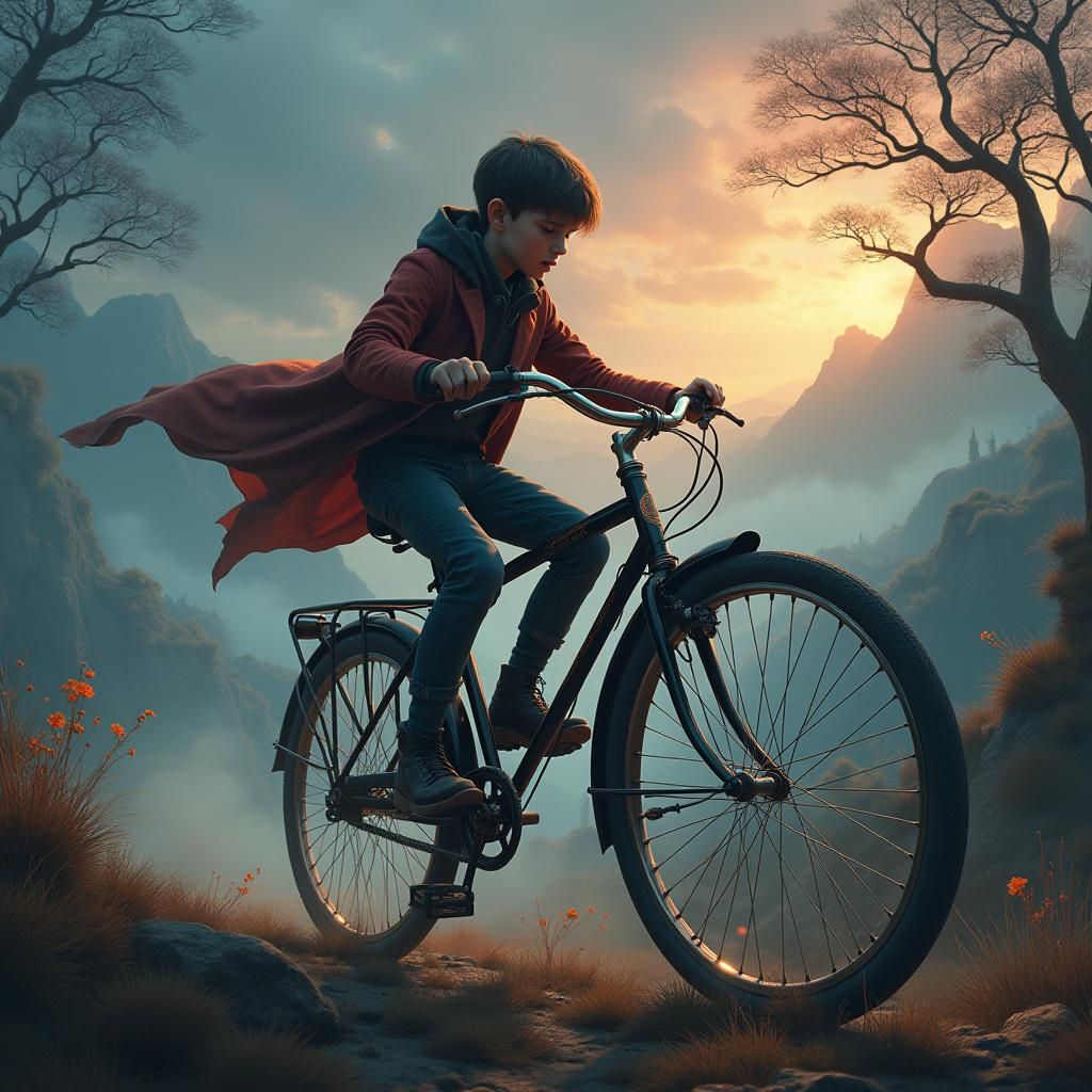 Boy on Victorian Bicycle in Dreamlike Landscape