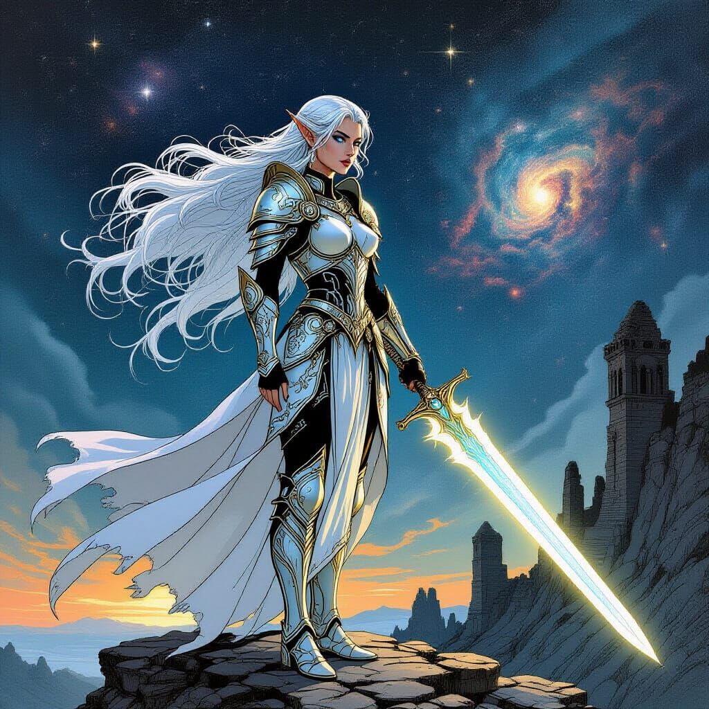 Elven Warrior on Ancient Ruins Under Nebula Sky