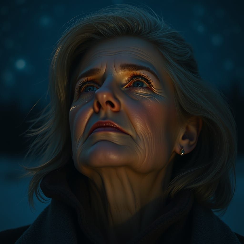 Mature Woman Contemplates the Cosmos Under Starry Night