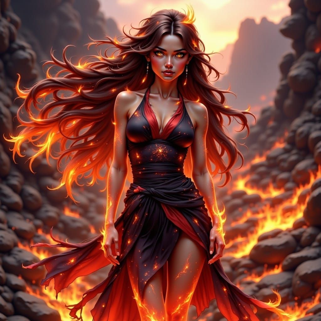 Fire-Themed Anime Character in Volcanic Landscape