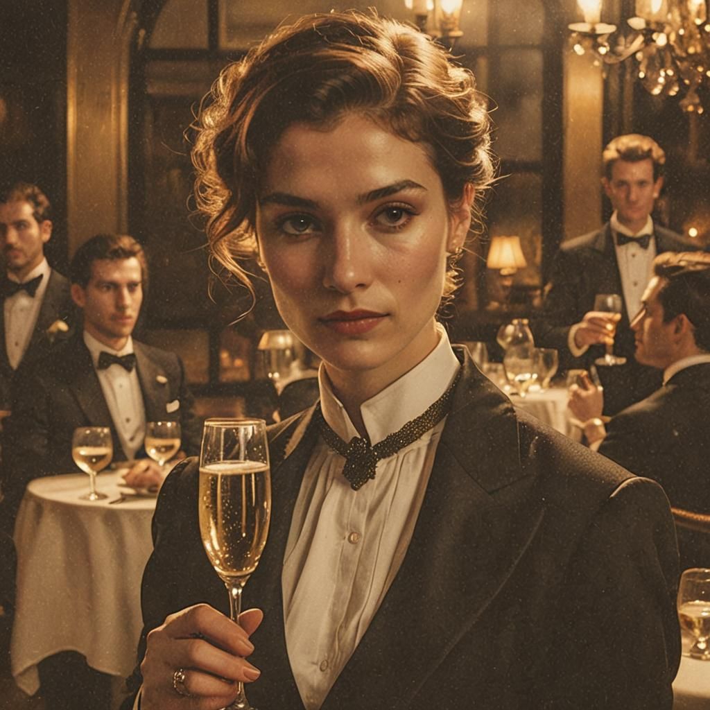 Brunette Woman in Tuxedo: Sepia Portrait in 1920s Style