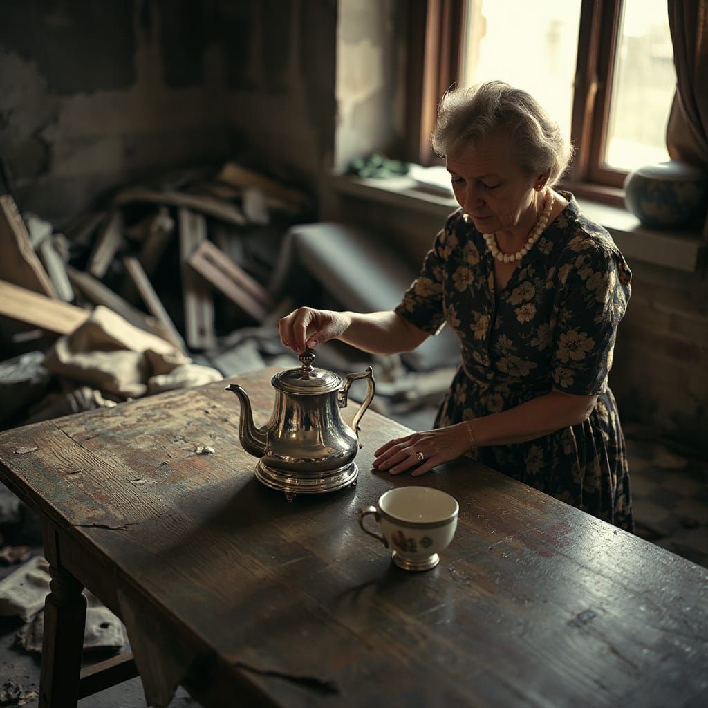 Elderly Woman Polishing Teapot Amidst War Rubble