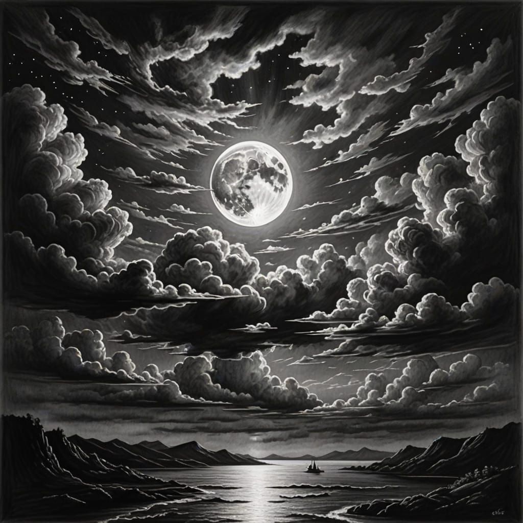 Moonlit Night Sky with Charcoal Realism