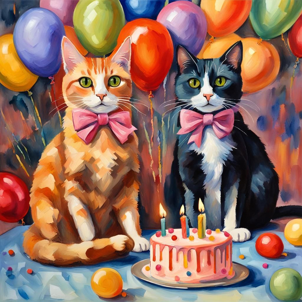 Cats' Birthday Party in Gouache Style