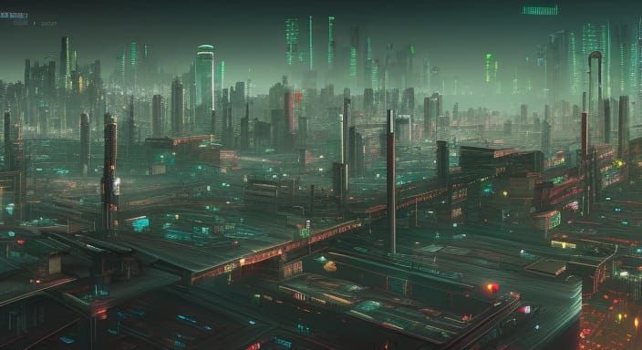 Cyberpunk Cityscape: Mega Corporations and Urban Squalor
