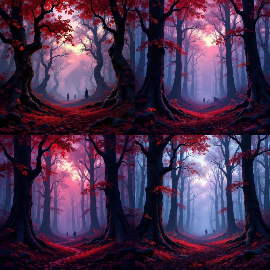 Mystical Crimson Forest in Ethereal Twilight Fog