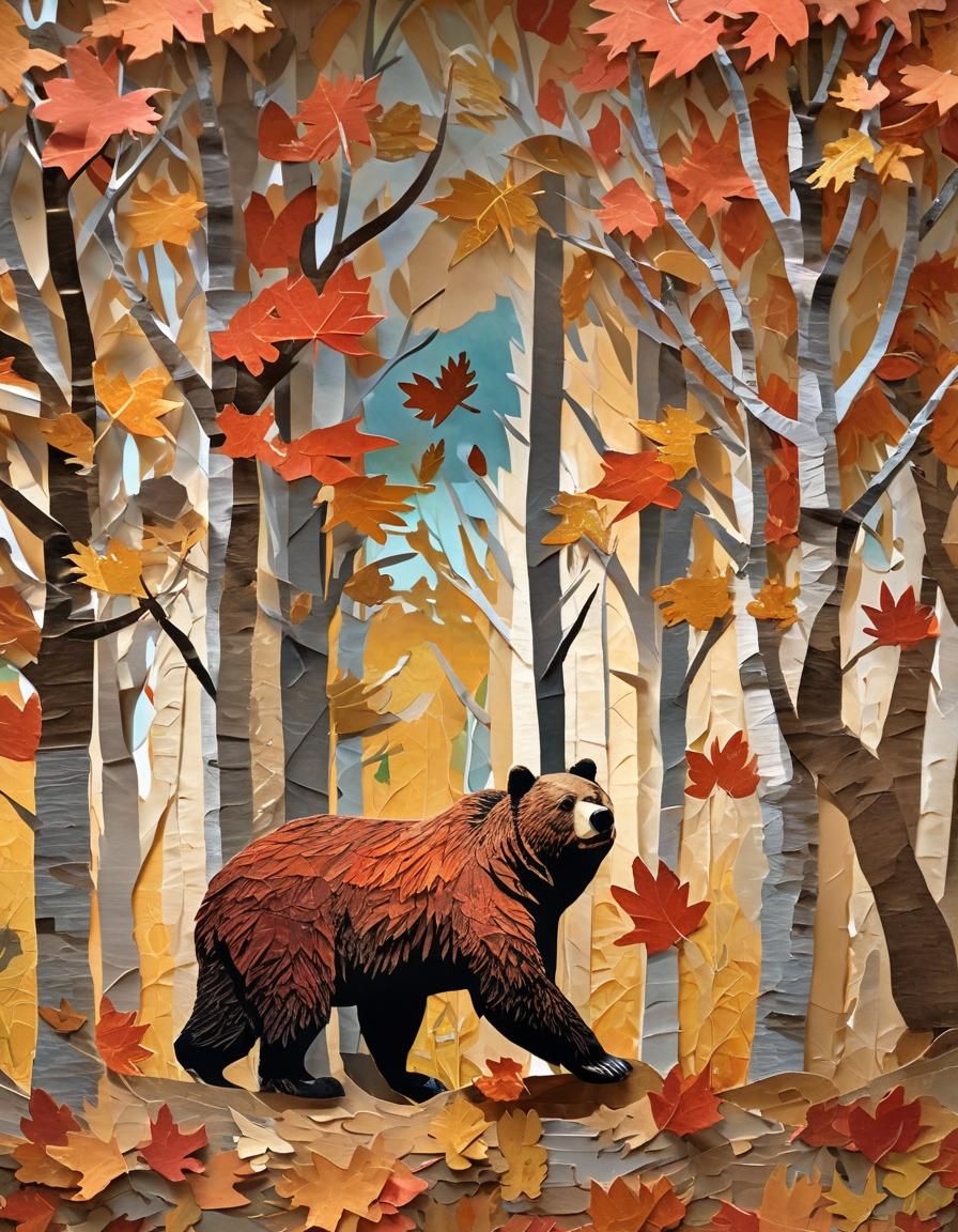 Bear Trekking in Autumn Forest: Paper Collage Art