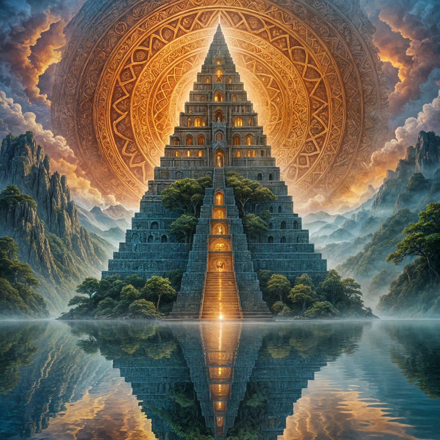 Lake Ziggurat in Alex Grey Style