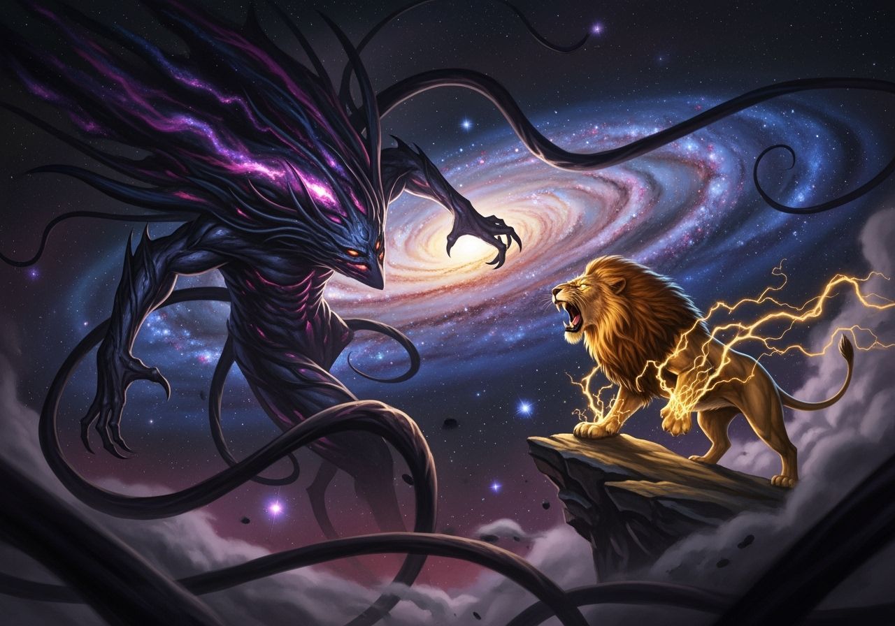Lion King Battles Cosmic Entity in Epic Digital Painting