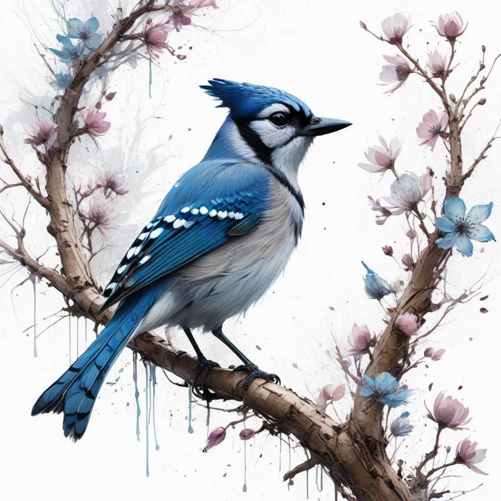 Whimsical Blossom Tree Bluejay in Dreamlike Digital Art