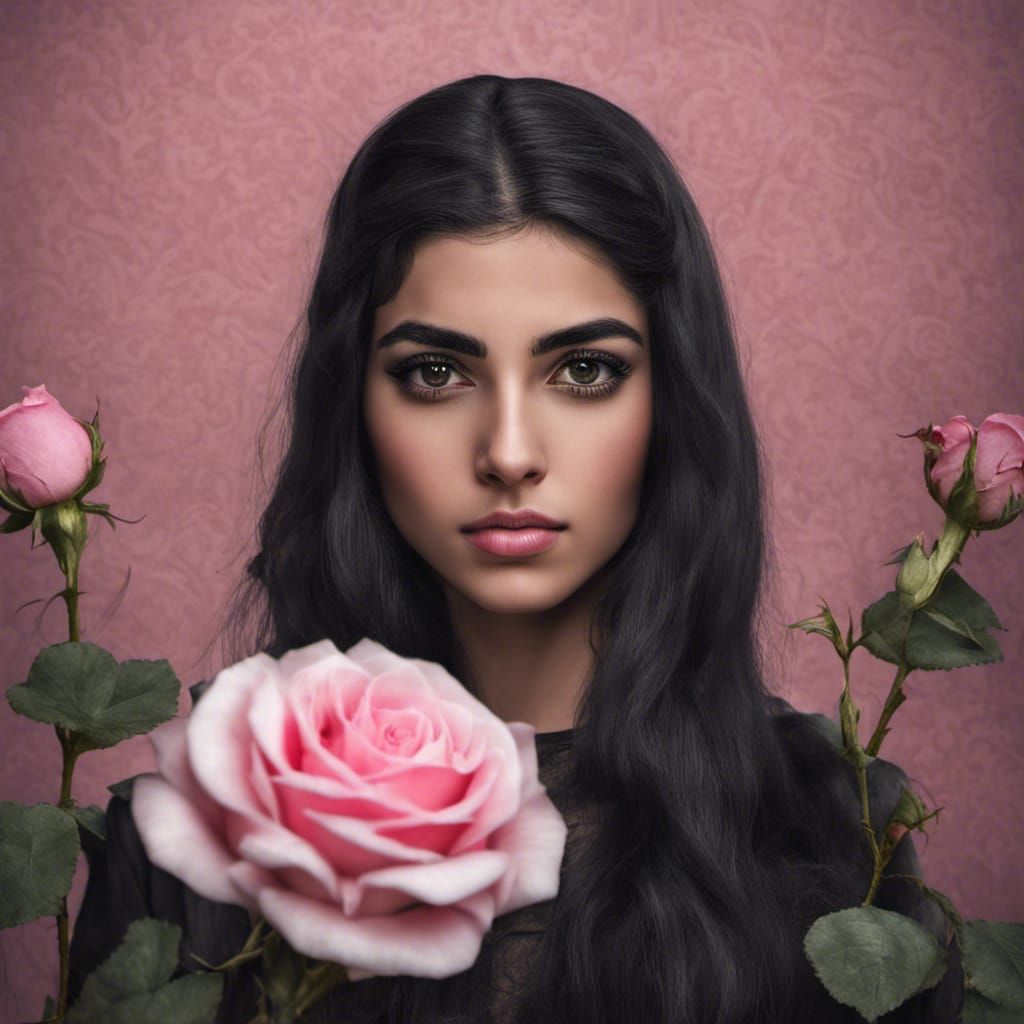 Portrait of Persian Girl with Rose, Hyperrealistic Style